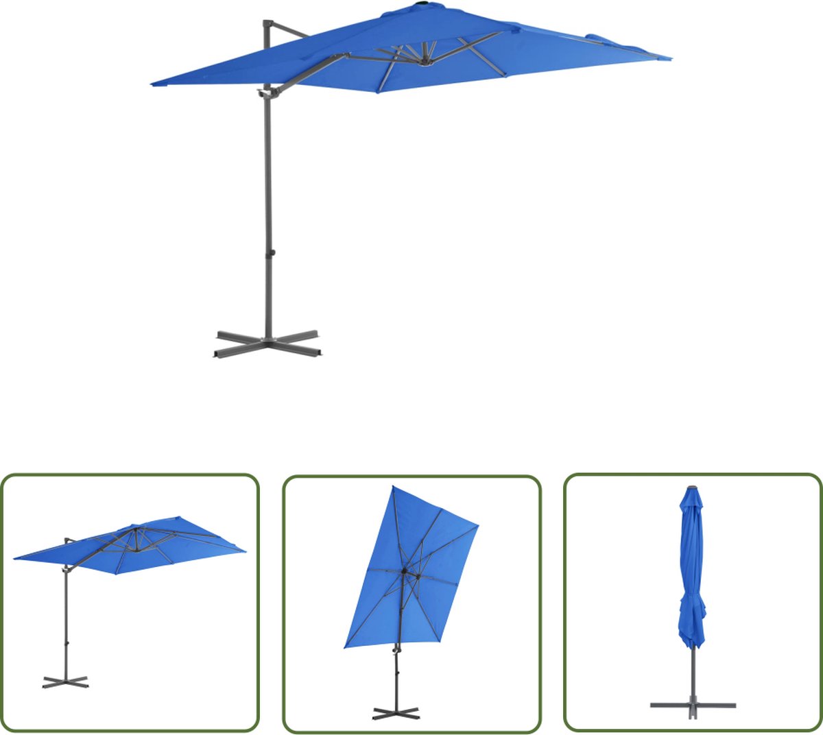 The Living Store Hangparasol 250x250x247 cm - Azuurblauw - UV-beschermend polyester - Kruisvoet - Kantelbaar en 360 graden draaibaar - Inclusief 8 stalen baleinen Hangende Parasol - Zweefparasol - Parasol Blauw - Zonwering Tuindecoratie - Buitenleven (8721031277651)