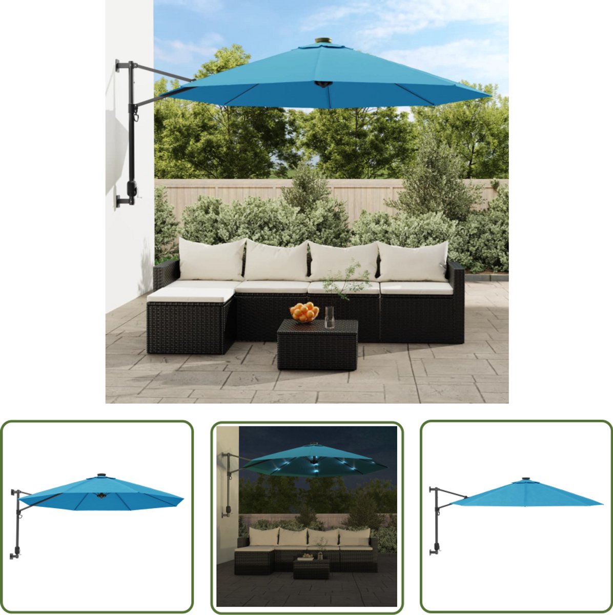 The Living Store Wandparasol met LEDs 290 cm zeeblauw - Wandparasol - Parasol Blauw - LED Verlichting - Tuingereedschap - Outdoor Decoratie (8721031288398)