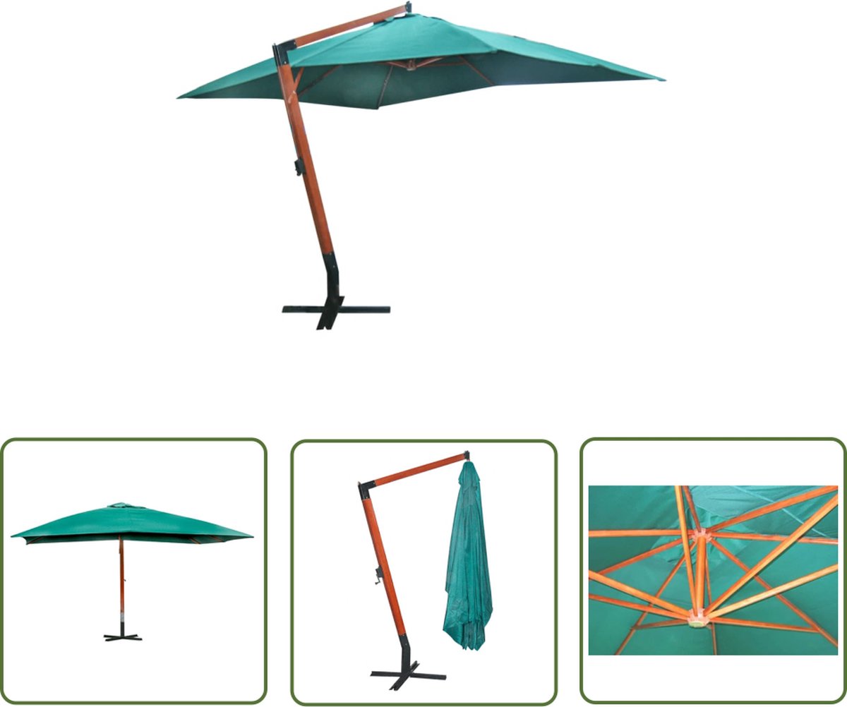 The Living Store Zweefparasol Melia - Grote parasol - 300x400 cm - Groen - Houten frame - Polyester doek - Draaimechanisme - Stabiele kruisvoet - Betonnen ondergrond - 270 cm hoog - 50 mm buisdikte - Windvanger - Katrolsysteem - 8 baleinen (8721031265276)