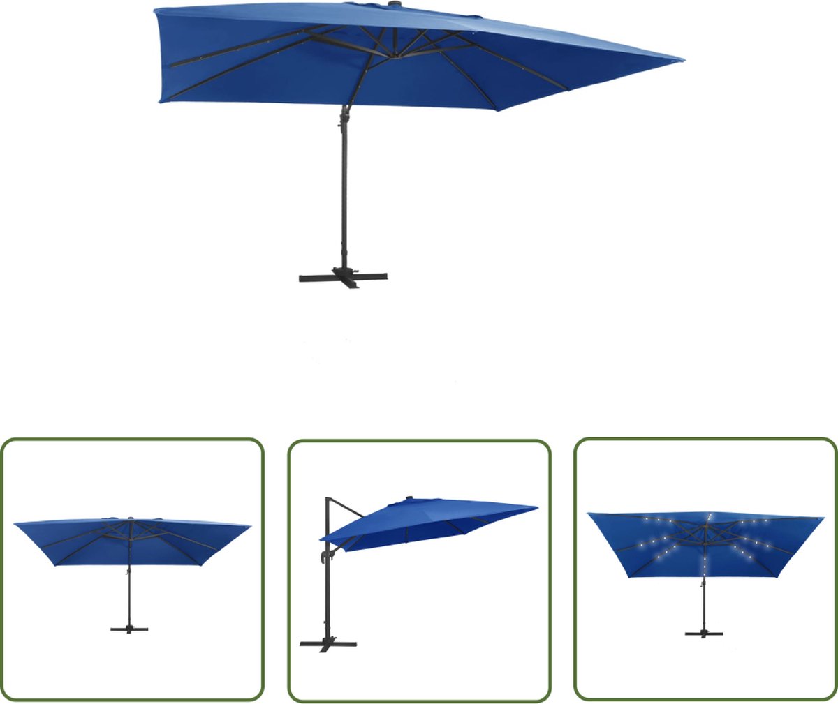 The Living Store Zweefparasol met LED en aluminium paal 400x300 cm azuurblauw - Hangende Parasol - Parasol Blauw - Tuingereedschap - Buitenaanrecht - Patio Set (8721031271192)