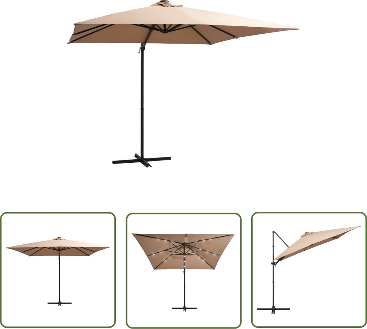 The Living Store Zweefparasol met LED en stalen paal 250x250 cm taupe - Hangende Parasol - Parasol Vierkant - Parasol Taupe - Led Parasol - Uv Beschermende Parasol (8721031268031)