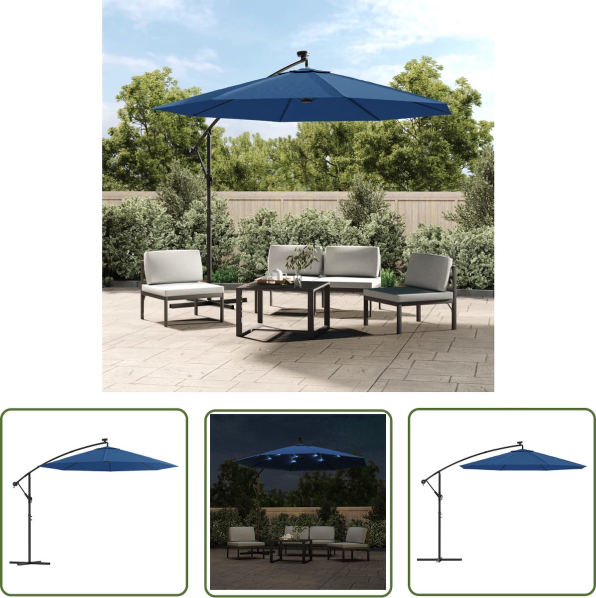 The Living Store Zweefparasol met LED en stalen paal 300 cm azuurblauw - Hangende Parasol - Parasol Led - Parasol Bluetooth - Parasol Outdoor - Parasol Blauw (8721031285038)