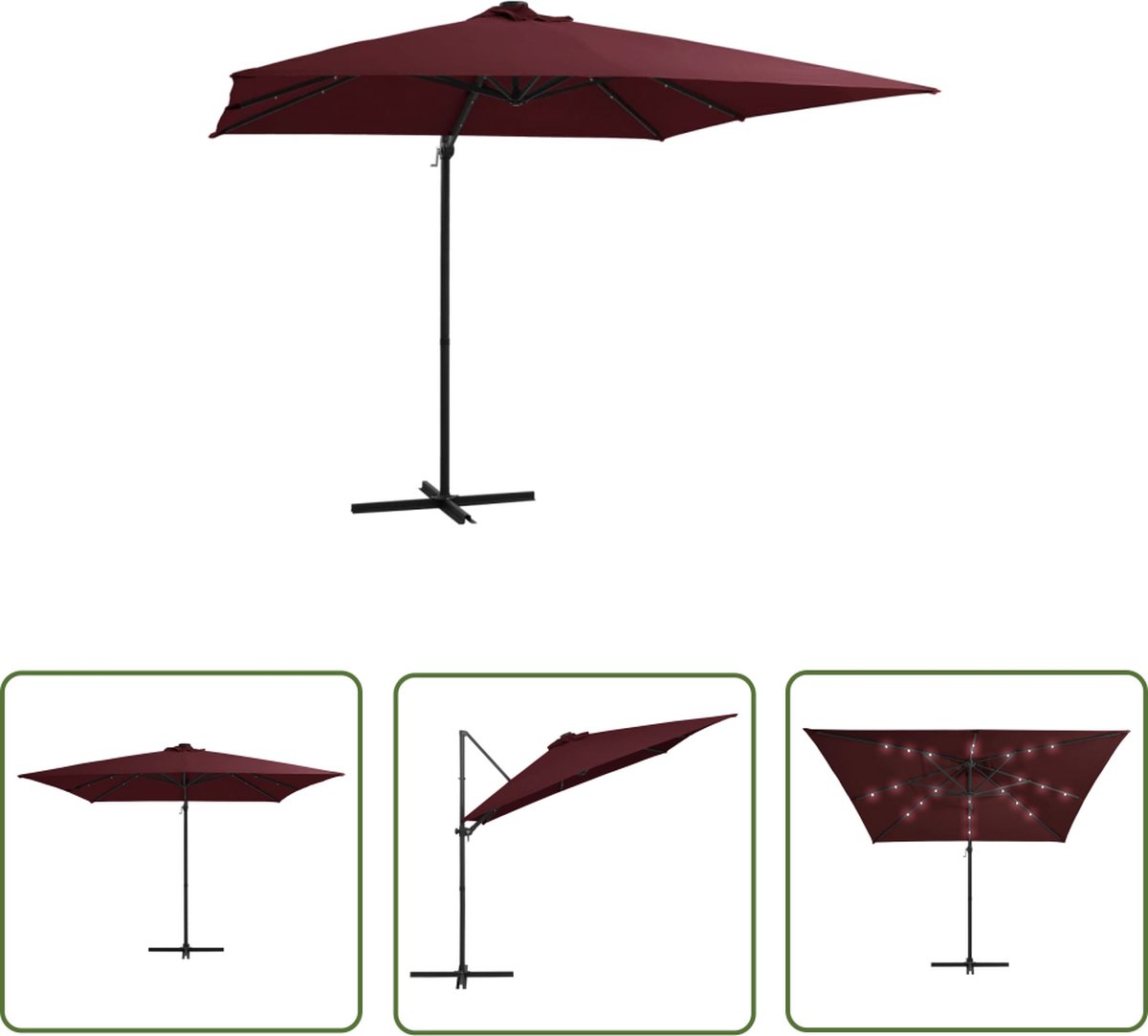 The Living Store Zweefparasol met LED-verlichting 250x250 cm bordeauxrood - Hangende Parasol - Parasol Led Verlichting - Parasol Bordeaux Rood - Buitenschilderij - Tuingereedschap (8721031287582)