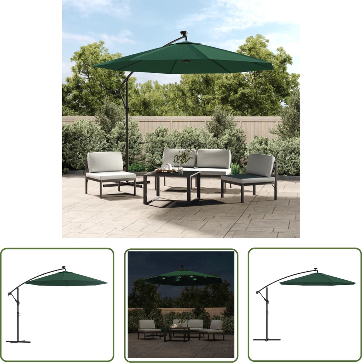 The Living Store Zweefparasol met LED-verlichting en metalen paal 300 cm groen - Hangende Parasol - Tuingereedschap - Parasol - Buitenaanrecht - Veranda (8721031286110)