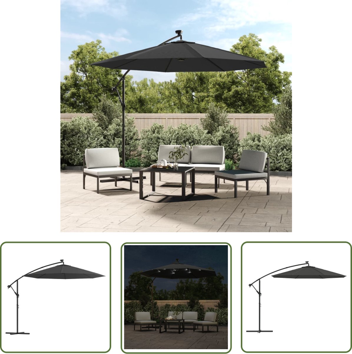 The Living Store Zweefparasol met LED-verlichting stalen paal 300 cm antraciet - Hangende Parasol - LED Verlichting - Zonnepanel - Tuinparasol - Buitenleven (8721031277453)