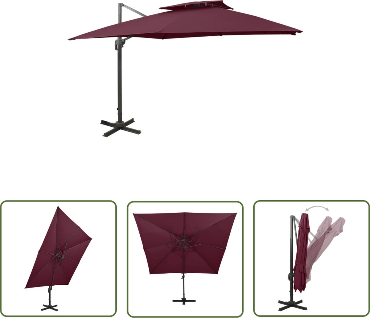 The Living Store Zweefparasol met dubbel dak 300x300 cm bordeauxrood - Tuinparasol - Parasol - Balkonparasol - Buitenschilderij - Zonnebescherming (8721031266891)