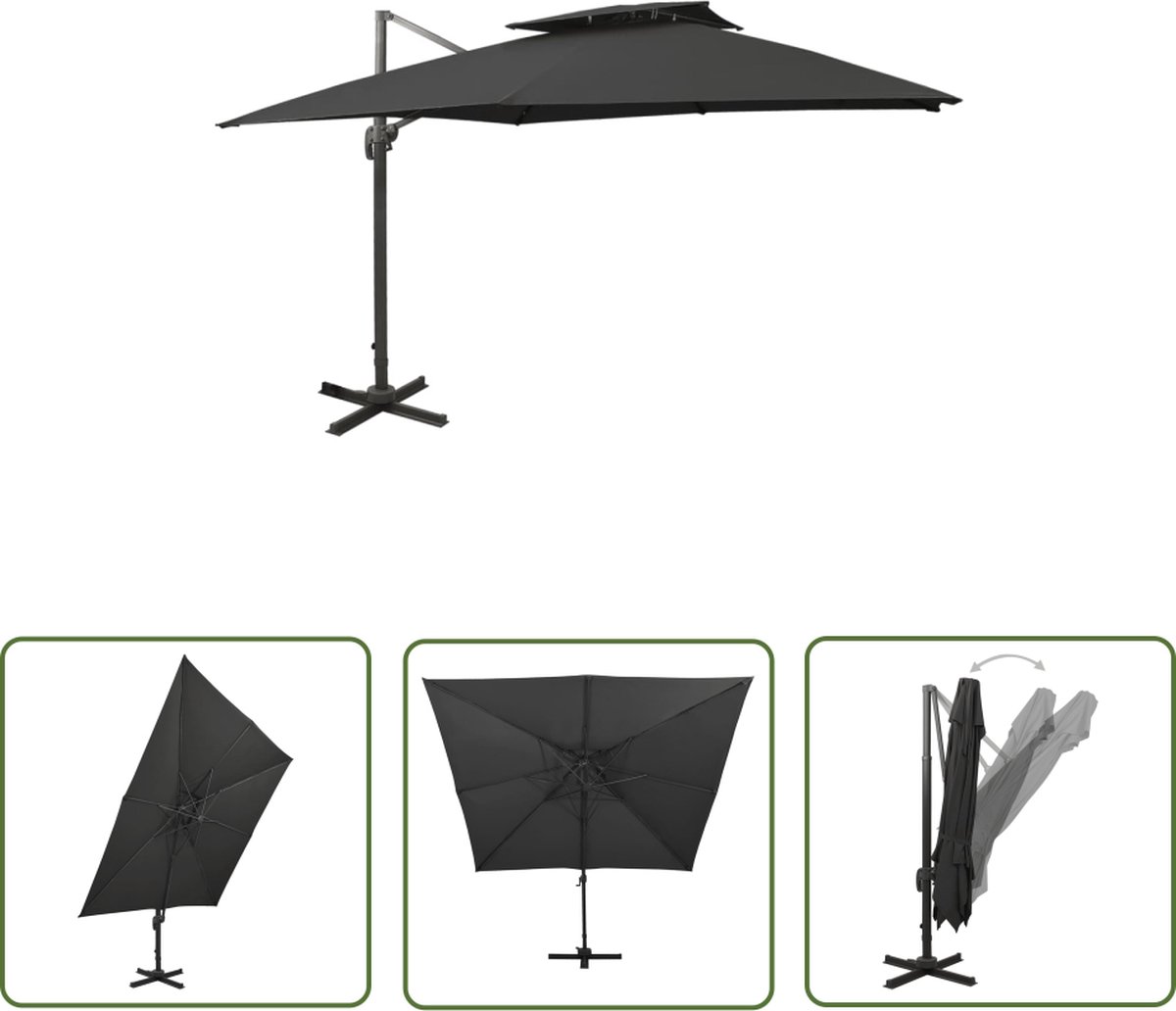 The Living Store Zweefparasol met dubbel dak 300x300 cm zwart - Tuinparasol - Parasol - Buitenzonwering - Terrasdecoratie - Zwarte Parasol (8721031272878)