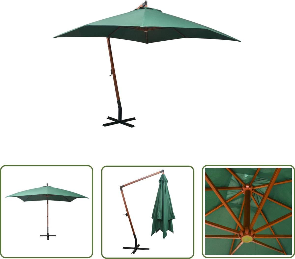 The Living Store Zweefparasol met houten paal 300x300 cm groen - Hangende Parasol - Tuinset - Buitendrank - Zonwering - Groene Parasol (8721031273714)