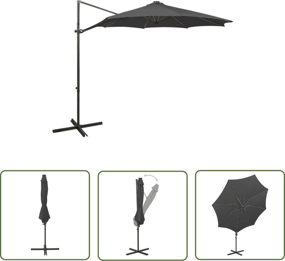 The Living Store Zweefparasol met paal en LED-verlichting 300 cm antracietkleur - Tuinparasol - Parasol - Led Verlichting - Zonnewering - Buitendecoratie (8721031286776)