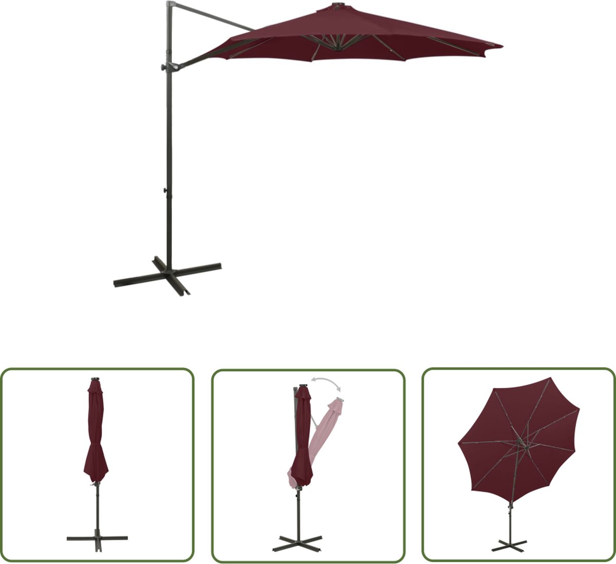 The Living Store Zweefparasol met paal en LED-verlichting 300 cm bordeauxrood - Tuinparasol - Parasol - Led Verlichting - Buitendecoratie - Zomerdecoratie (8721031263494)