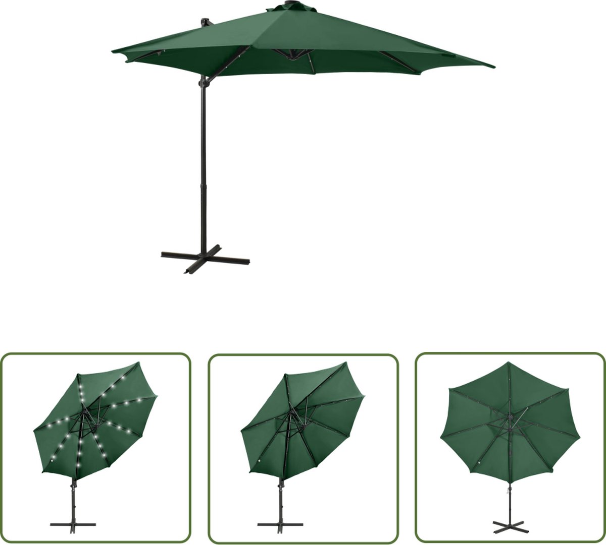 The Living Store Zweefparasol met paal en LED-verlichting 300 cm groen - Tuinparasol - Parasol - Led Verlichting - Buitenschildering - Terrasdecoratie (8721031271239)