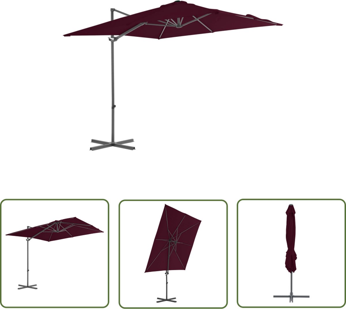 The Living Store Zweefparasol met stalen paal 250x250 cm bordeauxrood - Hangende Parasol - Tuinset - Terrasdecoratie - Buitenzonwering - Balkonparasol (8721031273967)