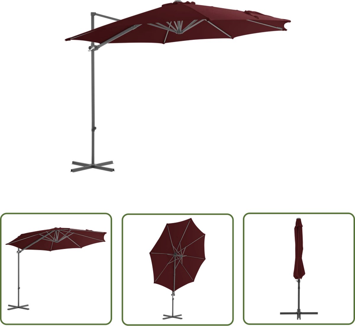 The Living Store Zweefparasol met stalen paal 300 cm bordeauxrood - Hangende Parasol - Tuinset - Balkon Decoratie - Buitenschilderij - Zonnezegel (8721031287001)