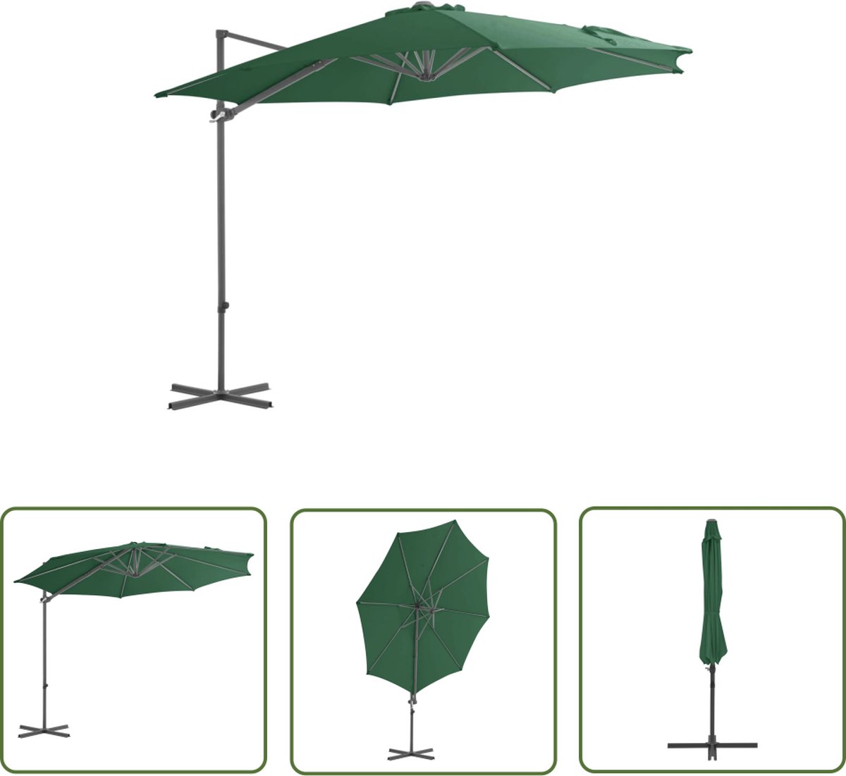 The Living Store Zweefparasol met stalen paal 300 cm groen - Hangende Parasol - Parasol - Tuinset - Buitenschilderij - Zonnebescherming (8721031261957)