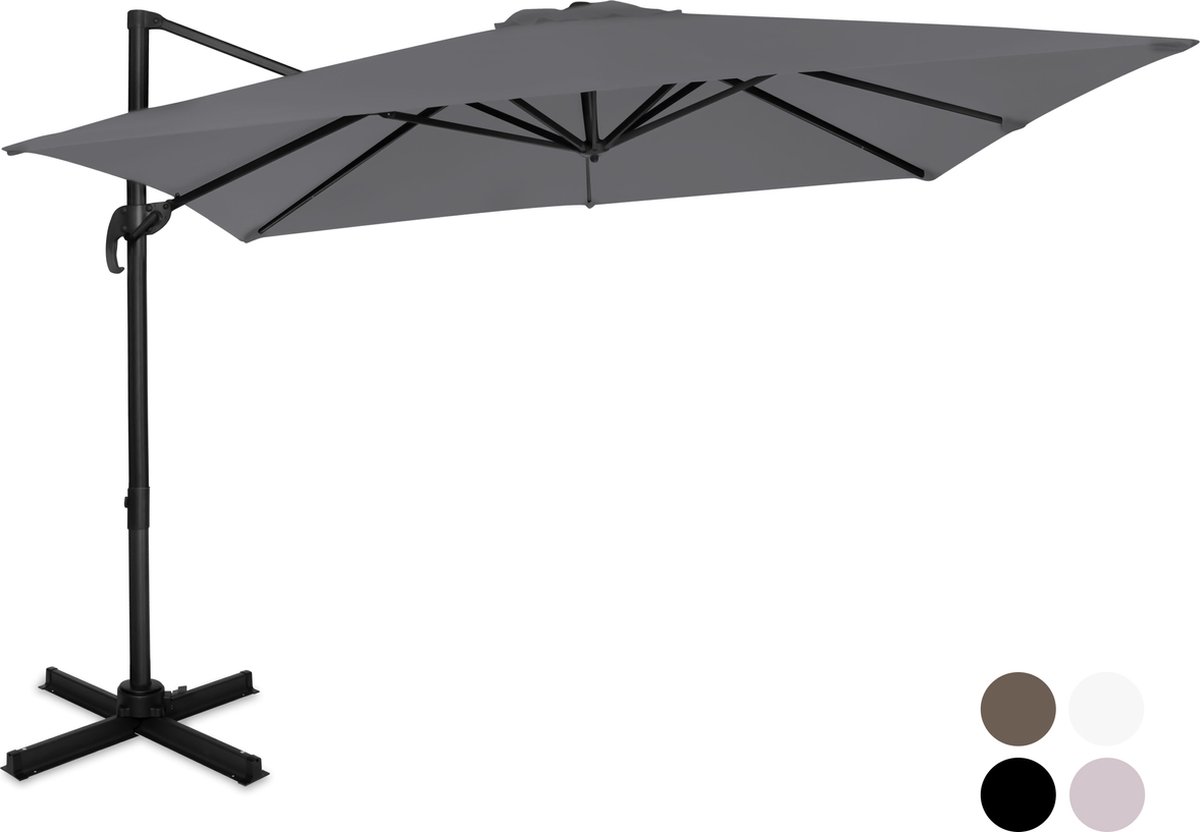 VONROC Premium Zweefparasol Pisogne 300x300cm - Incl. kruisvoet & beschermhoes - Vierkante parasol - 360 ° Draaibaar - Kantelbaar - UV werend doek - Grijs (8717479096190)