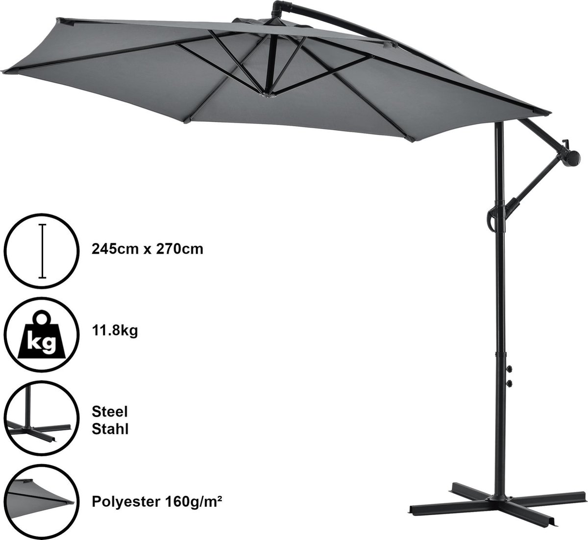 Zweefparasol staal ⌀ 270x245 cm incl. kruisvoet grijs (4059438575181)