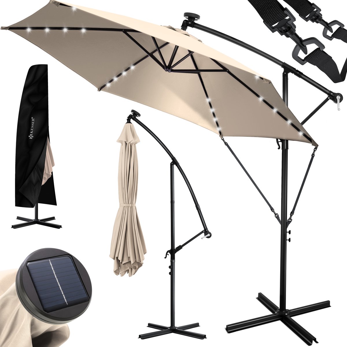 KESSER® Zweefparasol met LED Solar Verlichting en voet 300cm x 300cm - Parasol 360° Draaibaar Incl. Beschermhoes Tuinparasol Zonne-energie - Beige ⌀ 3m (4260486787215)