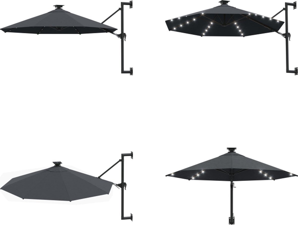 vidaXL Wandparasol met LED's en metalen paal 300 cm antracietkleurig - Parasol - Parasols - Parasol Met LED - Parasols Met LED's (8721115549056)