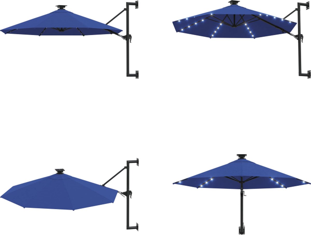 vidaXL Wandparasol met LED's en metalen paal 300 cm blauw - Parasol - Parasols - Parasol Met LED - Parasols Met LED's (8721115526507)