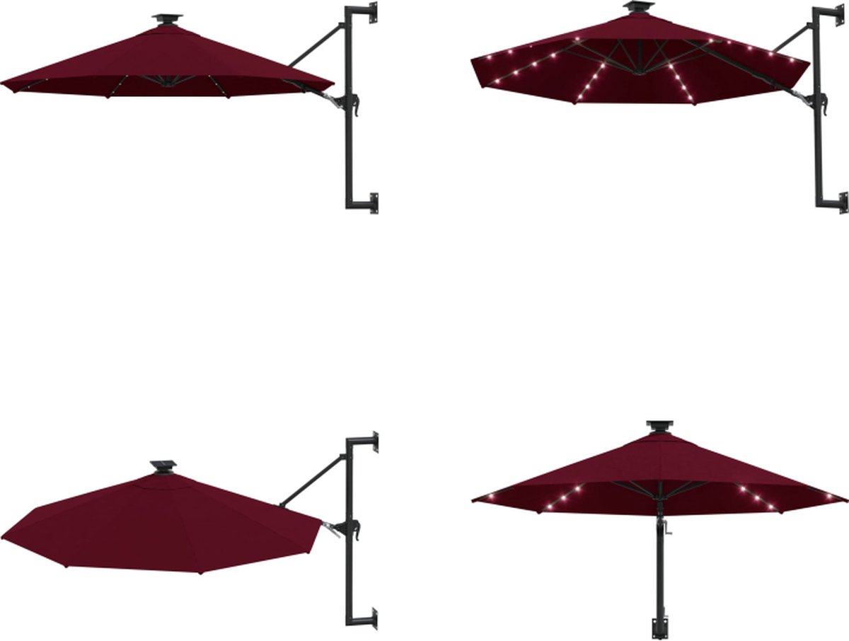 vidaXL Wandparasol met LED's en metalen paal 300 cm bordeauxrood - Parasol - Parasols - Parasol Met LED - Parasols Met LED's (8721115551073)