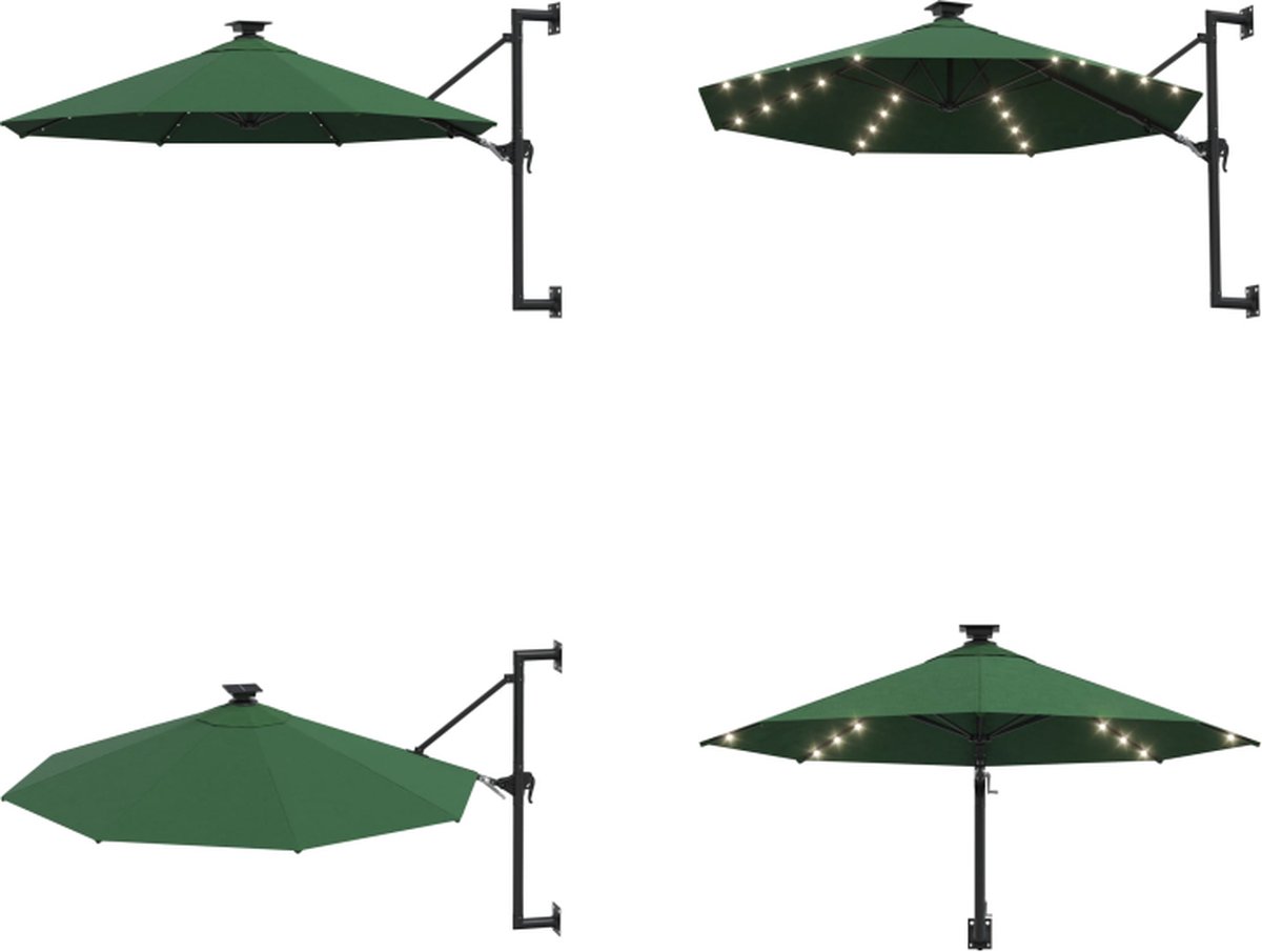 vidaXL Wandparasol met LED's en metalen paal 300 cm groen - Parasol - Parasols - Parasol Met LED - Parasols Met LED's (8721115532270)