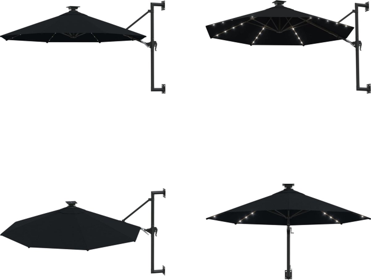 vidaXL Wandparasol met LED's en metalen paal 300 cm zwart - Parasol - Parasols - Parasol Met LED - Parasols Met LED's (8721115529836)