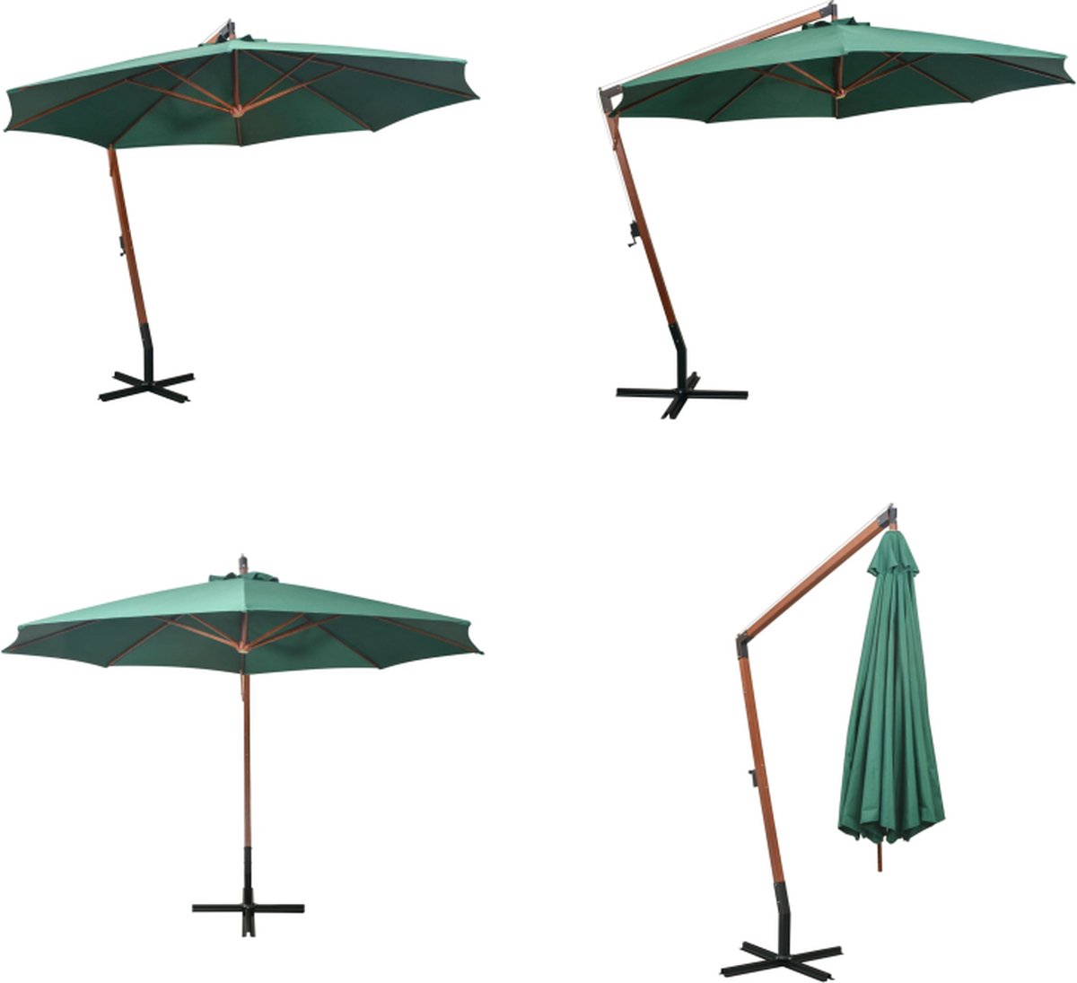 vidaXL Zweefparasol 350 cm houten paal groen - Hangparasol - Hangparasols - Parasol - Parasols (8721115531235)