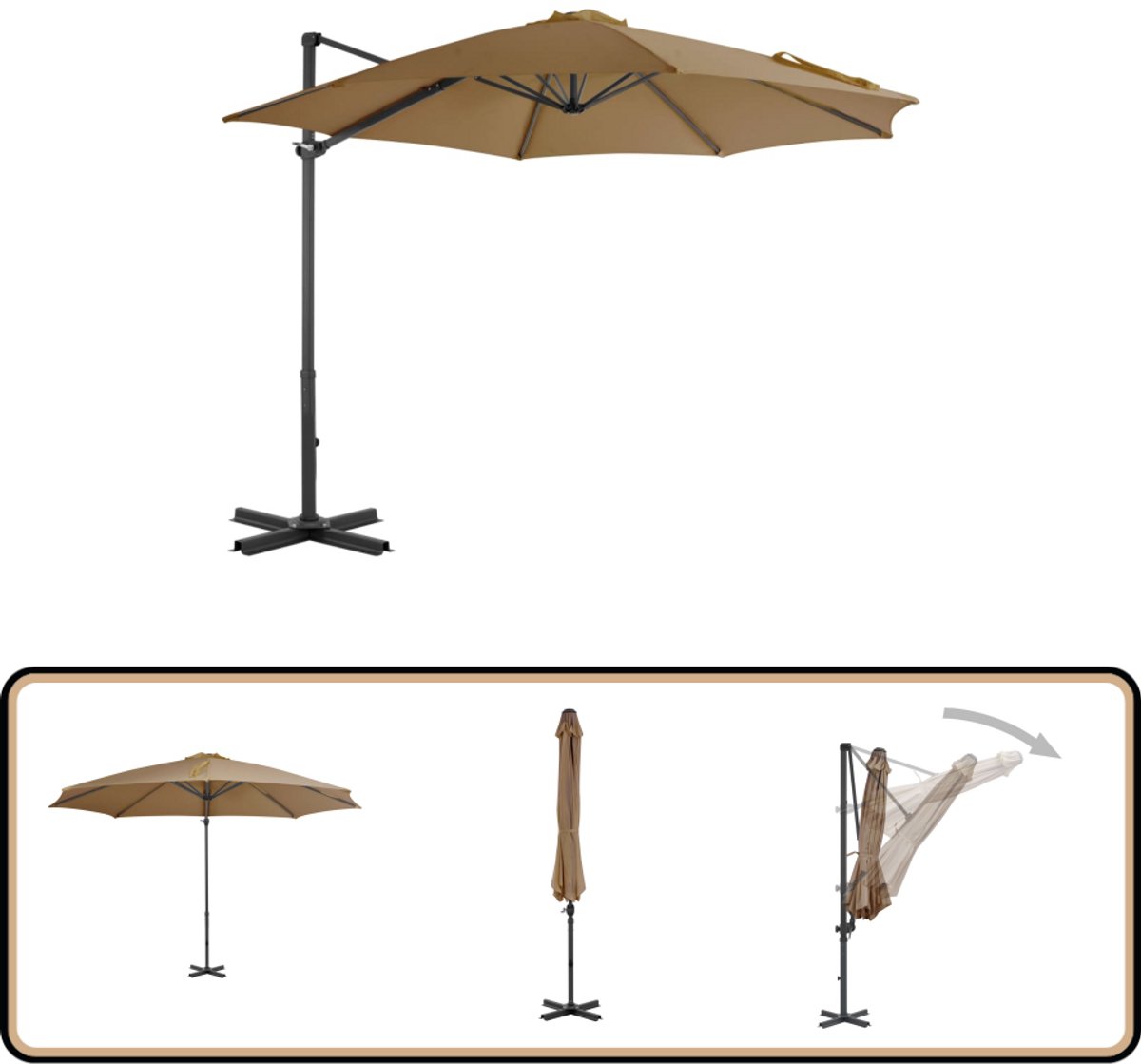 vidaXL Zweefparasol - Aluminium paal - 300 cm - Taupe Hangende Parasol - Parasol Buiten - Terraszonnescherm - Tuinparasol - Parasol Taupes (8041568791186)