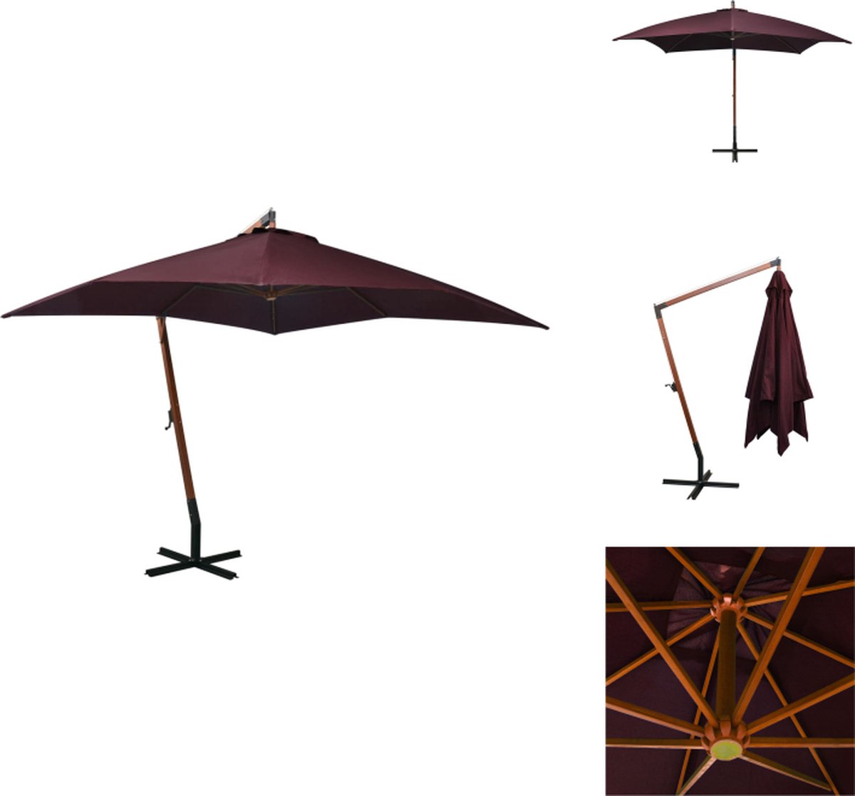 vidaXL Zweefparasol - Zweefparasols - Parasol - Houten Parasol - Zweefparasol met paal 3x3 m massief vurenhout bordeauxrood (8721032995523)