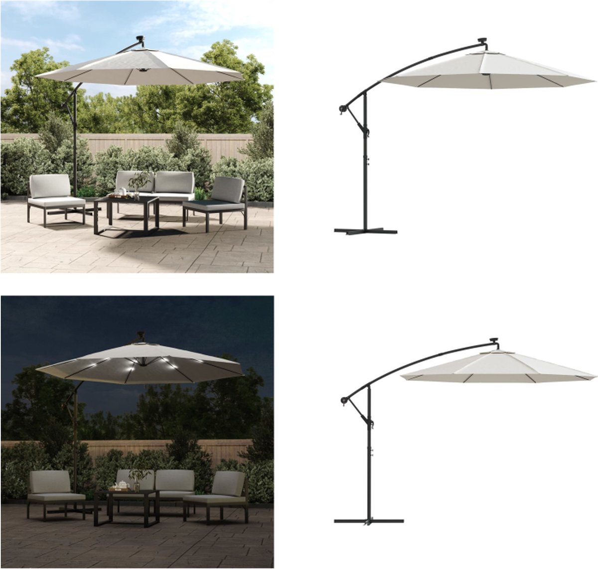 vidaXL Zweefparasol met LED-verlichting en metalen paal 300 cm zand - Hangparasol - Hangparasols - Parasol - Parasols (8721115521199)