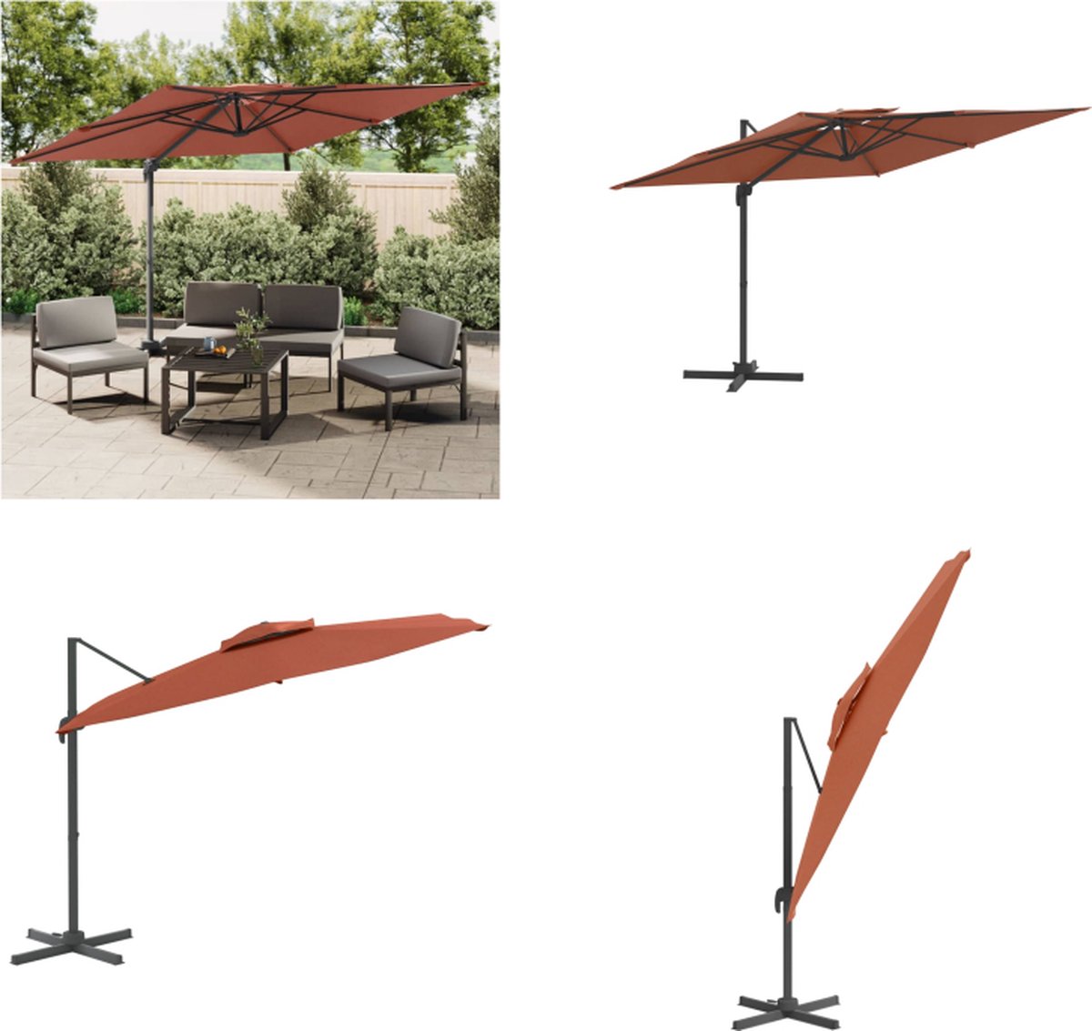 vidaXL Zweefparasol met dubbel dak 400x300 cm terracottakleurig - Zweefparasol - Zweefparasols - Tuinparasol - Parasol (8721115527504)