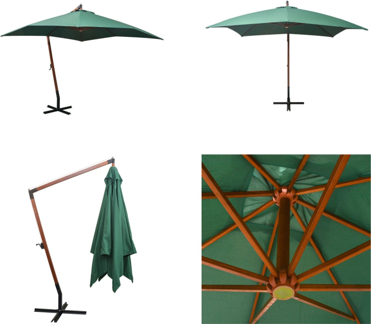 vidaXL Zweefparasol met houten paal 300x300 cm groen - Hangparasol - Hangparasols - Parasol - Parasols (8721115537251)