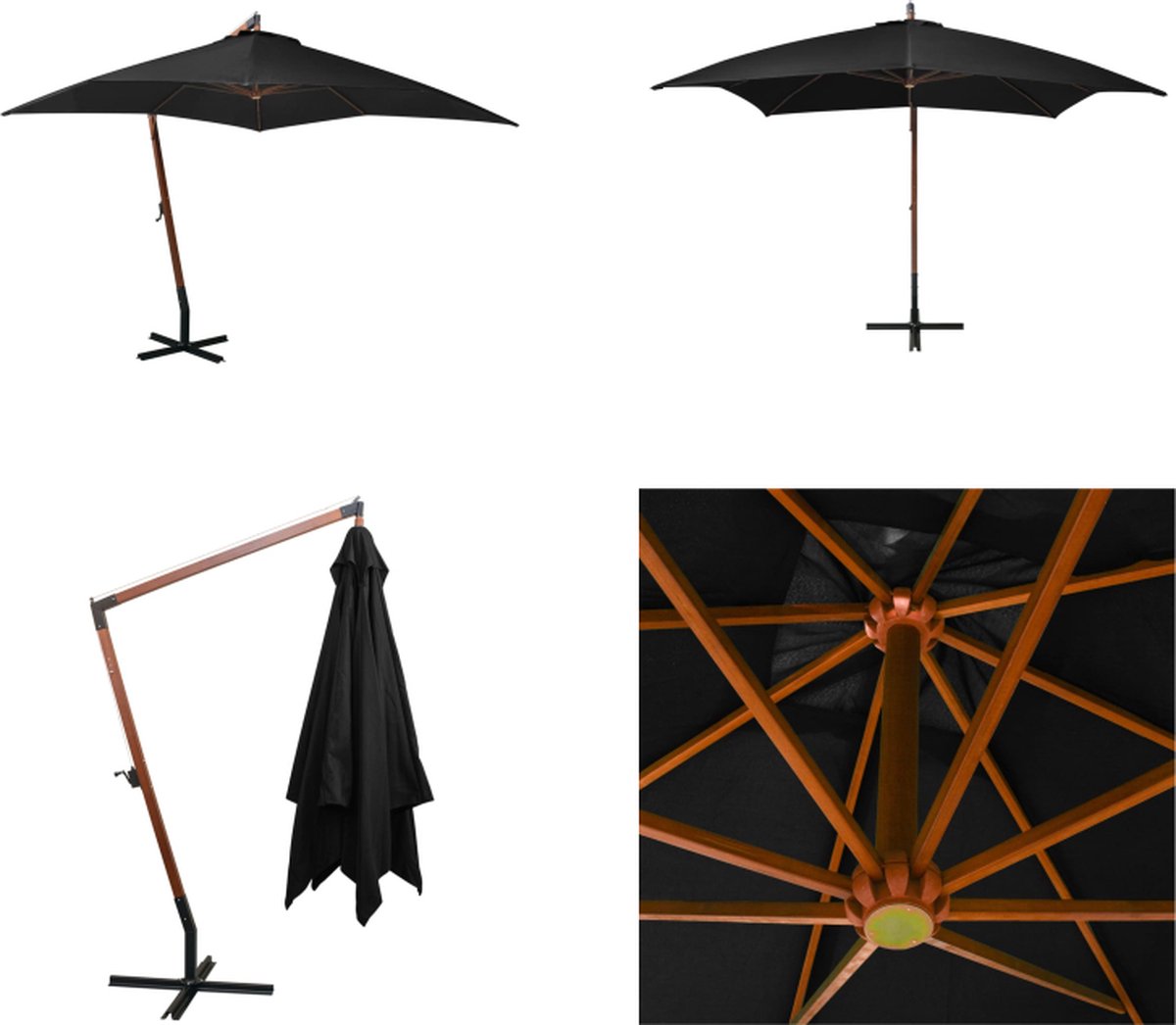 vidaXL Zweefparasol met paal 3x3 m massief vurenhout zwart - Hangparasol - Hangparasols - Parasol - Parasols (8721115522721)