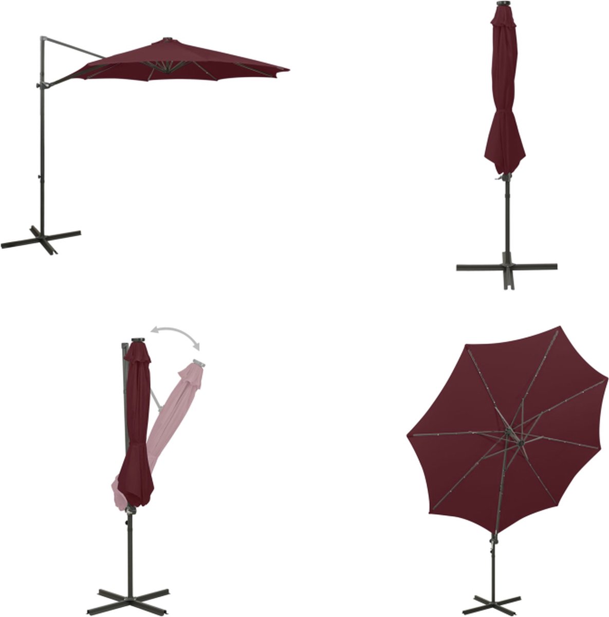 vidaXL Zweefparasol met paal en LED-verlichting 300 cm bordeauxrood - Zweefparasol - Zweefparasols - Parasol - Parasols (8721115524558)