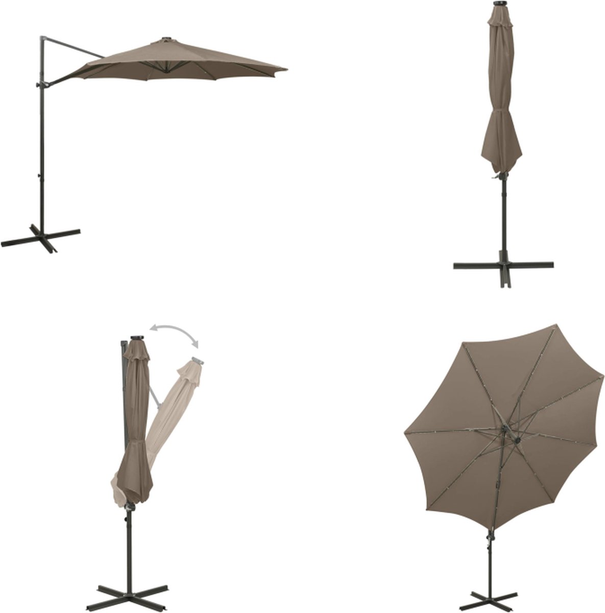 vidaXL Zweefparasol met paal en LED-verlichting 300 cm taupe - Zweefparasol - Zweefparasols - Parasol - Parasols (8721115547137)