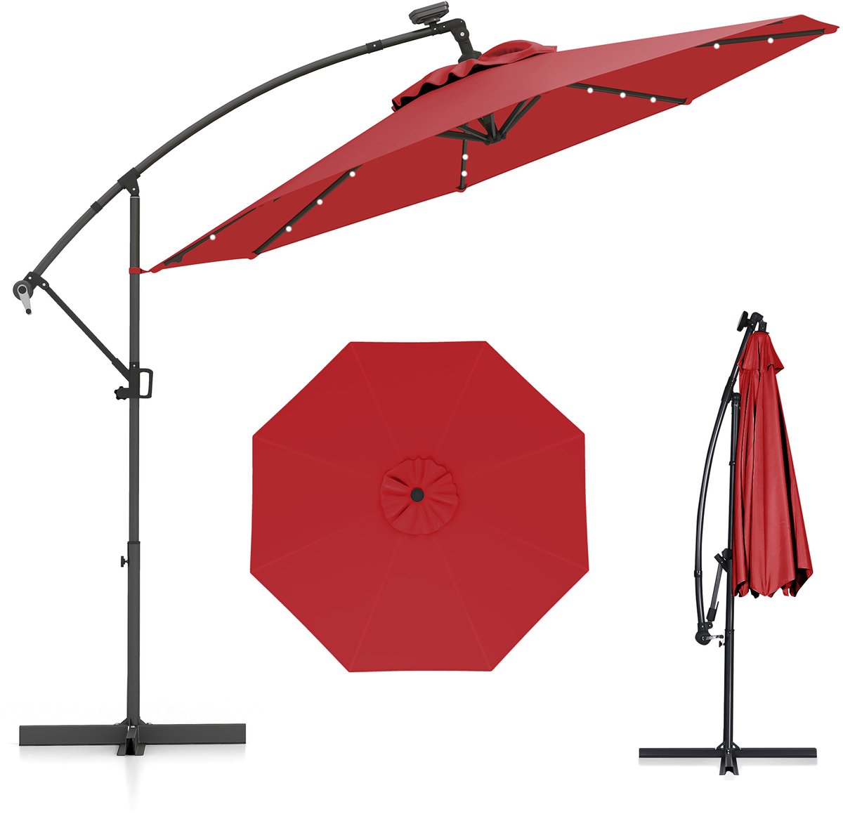 COSTWAY Parasol 300 cm, zweefparasol met 32 ledlampen op zonne-energie en zwengel, hellingshoek verstelbaar, tuinparasol, marktparasol, terrasparasol voor tuin, zwembad, terras (0015706482678)
