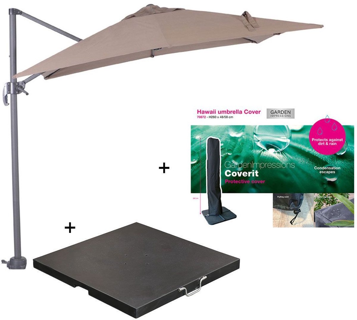 Garden Impressions Hawaii zweefparasol S 250x250 - donker grijs/taupe met 80 kg parasolvoet en parasolhoes (6097101531537)
