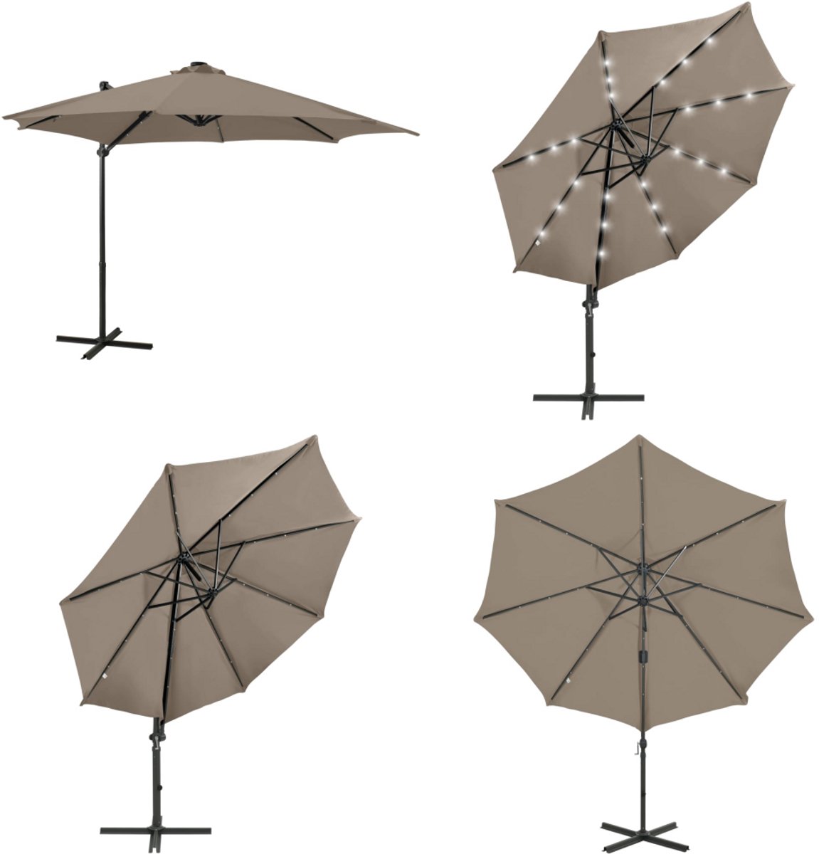 vidaXL Zweefparasol met paal en LED-verlichting 300 cm taupe - Zweefparasol - Zweefparasols - Parasol - Tuinparasol (8224402055730)