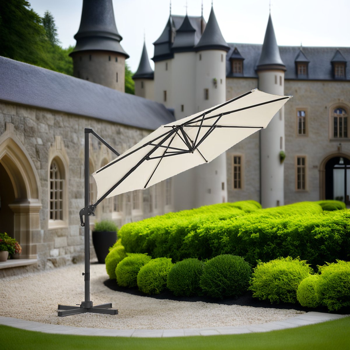 GURU Zweefparasol Taupe ⌀ 300 cm - Stijlvolle Schaduw in je Tuin Afmetingen: Diameter (Breedte/Lengte): 300 cm Hoogte: 250 cm Kruisbasis (L x B): 100 x 100 cm Staafdiameter: 62 x 40 mm Gewicht: ca. 13,5 kg (geschat incl. kruisbasis) (6091642260291)