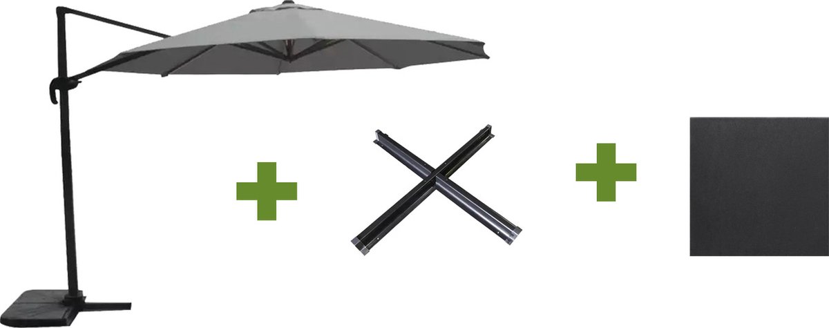 Grote Zweefparasol Virgo Antraciet 3,5M met Kruisvoet en Parasolvoettegels (7863388744637)