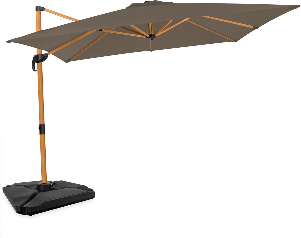VONROC Premium Zweefparasol Pisogne 300x300cm - Incl. vulbare tegels, kruisvoet & beschermhoes - Vierkante parasol - 360 ° Draaibaar - Kantelbaar - UV werend doek - Houtlook - Taupe (8717479109487)