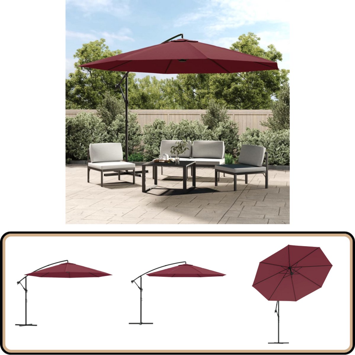 vidaXL Zweefparasol 350 cm - Bordeauxrood Hangende Parasol - Parasol - Tuinset - Buitenschilderij - Balkondecoratie (8301134292678)