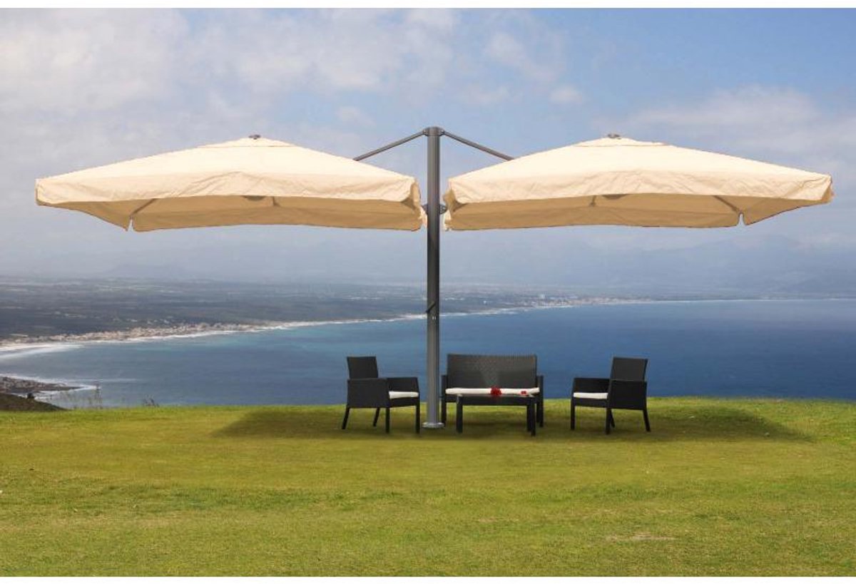 Catering aluminium luxe dubbele Zweefparasol - Pergola zonnescherm effect - 6.2x3m polyester 50kg - Terracotta - Stand - Beige (4800437791672)