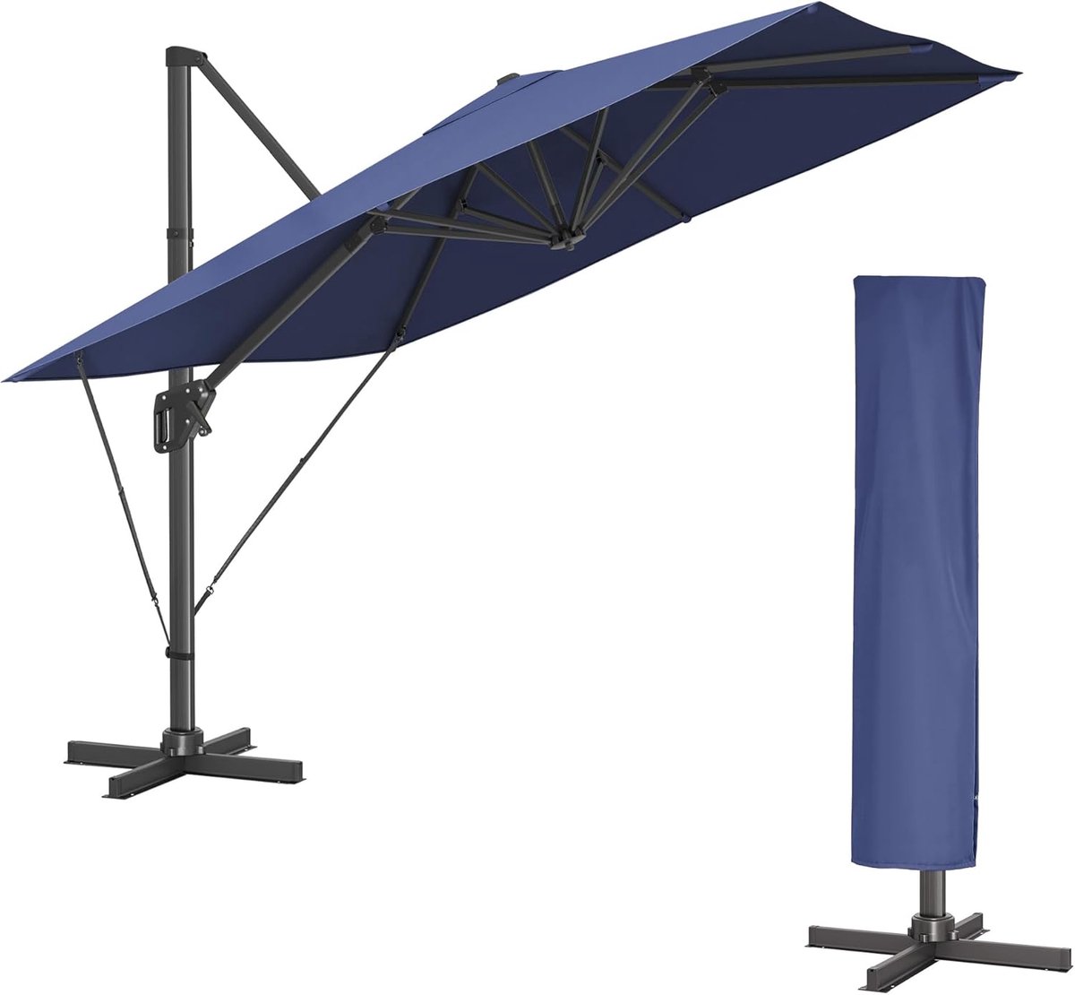 FurnStar - Parasol 290 x 290 cm - Zweefparasol - Tuinscherm - UV-bescherming UPF 50+ - 360° draaibaar - Hellingshoek verstelbaar - Met standaard, bevestigingsriemen en afdekking - Schemerblauw (8683420413401)