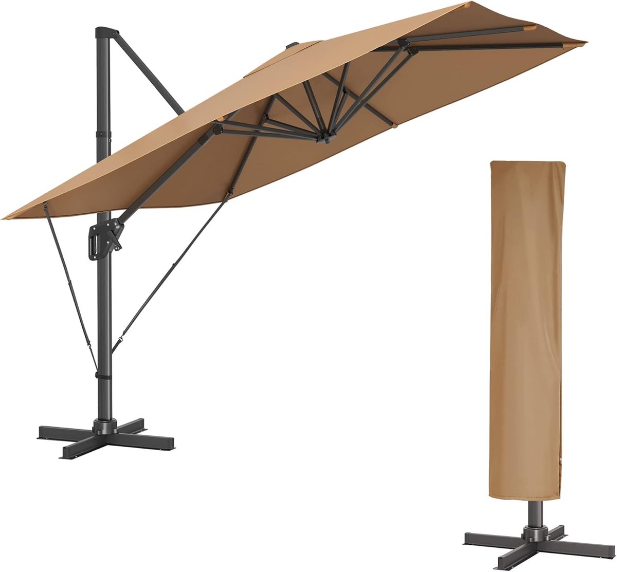 FurnStar - Parasol 290 x 290 cm - Zweefparasol - Tuinscherm - UV-bescherming UPF 50+ - 360° draaibaar - Hellingshoek verstelbaar - Met standaard, bevestigingsriemen en afdekking - Kaki (8683420413388)