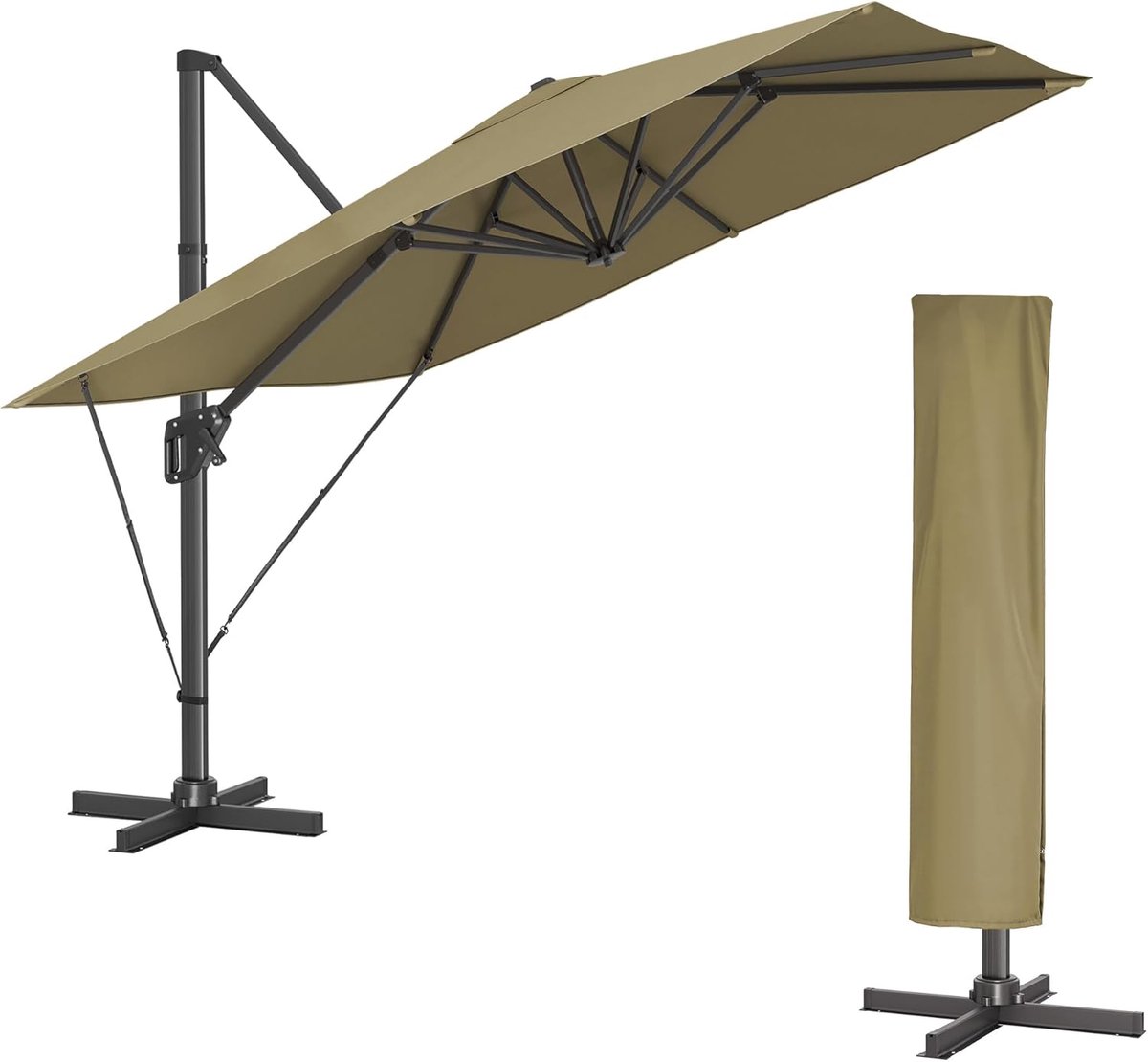 FurnStar - Parasol 290 x 290 cm - Zweefparasol - Tuinscherm - UV-bescherming UPF 50+ - 360° draaibaar - Hellingshoek verstelbaar - Met standaard, bevestigingsriemen en afdekking - Lauriergroen (8683420413395)