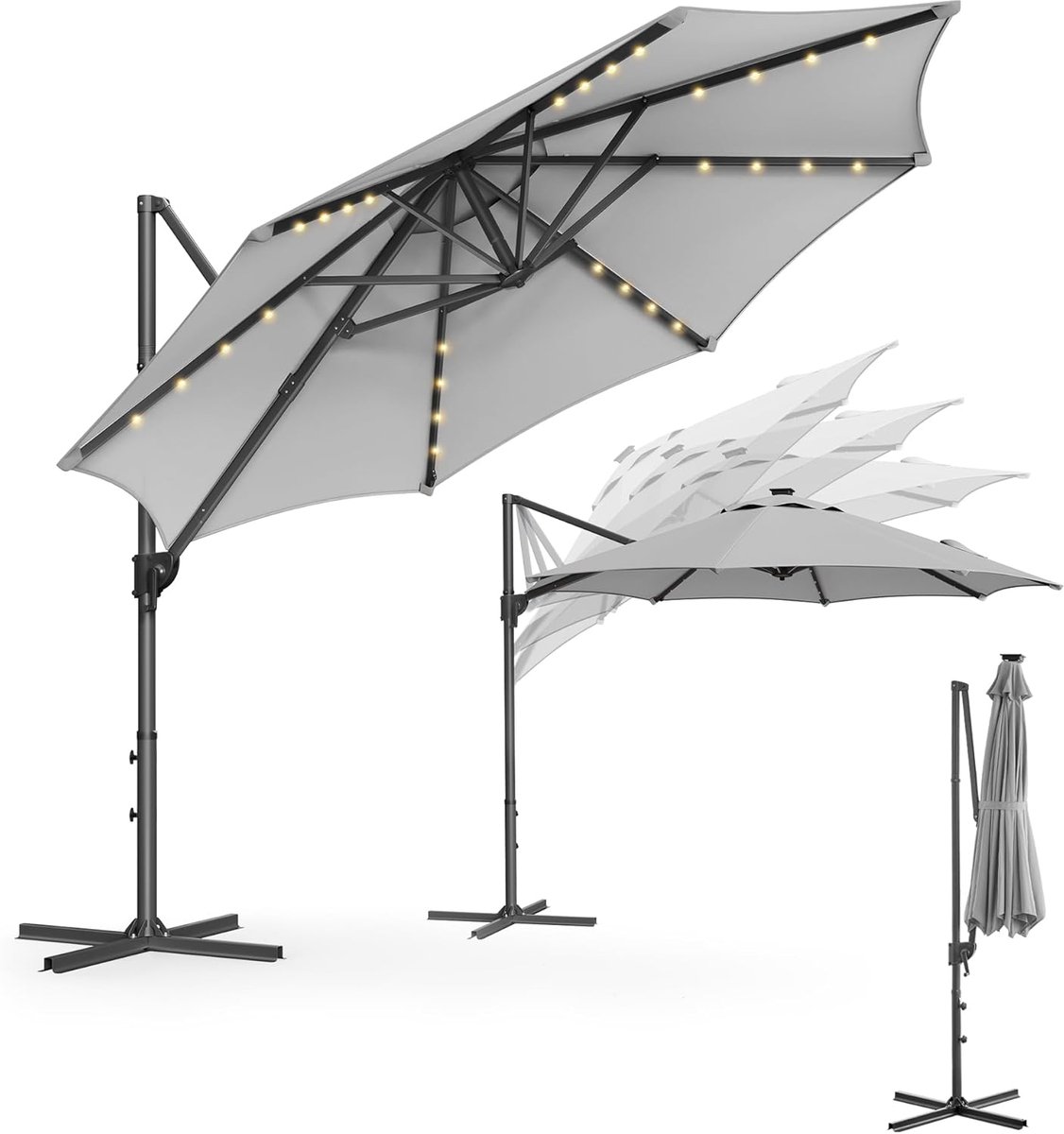 FurnStar - Parasol 300 cm - Zweefparasol - 28 LED-lampen op zonne-energie - UV-bescherming UPF 50+ - 360° draaibaar - Traploos kantelbaar - Met zwengel, kruisvoet - Duifgrijs (8683420413456)