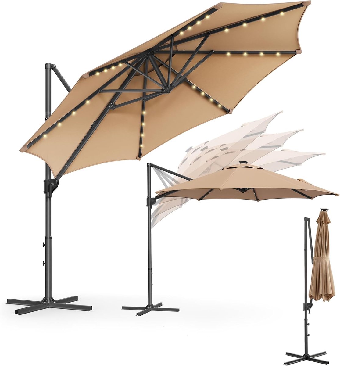 FurnStar - Parasol 300 cm - Zweefparasol - 28 LED-lampen op zonne-energie - UV-bescherming UPF 50+ - 360° draaibaar - Traploos kantelbaar - Met zwengel, kruisvoet - Camelbruin (8683420413449)