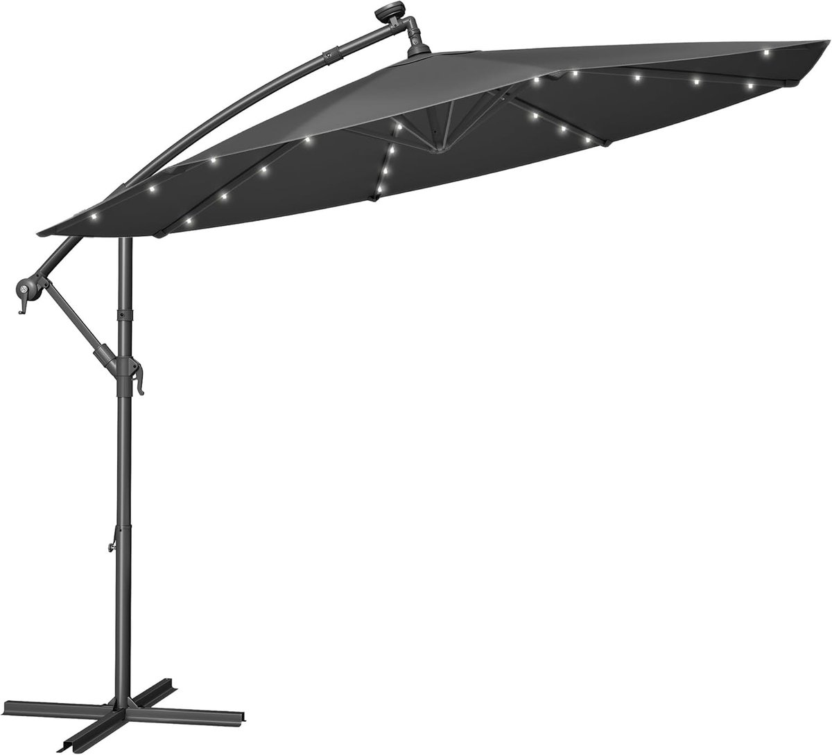 FurnStar - Parasol met LED-verlichting op zonne-energie - Zweefparasol - 300 cm - 32 LED-lampen - Met standaard - Zonwering UPF 50+ - Met zwengel - Grijs (8683420413463)