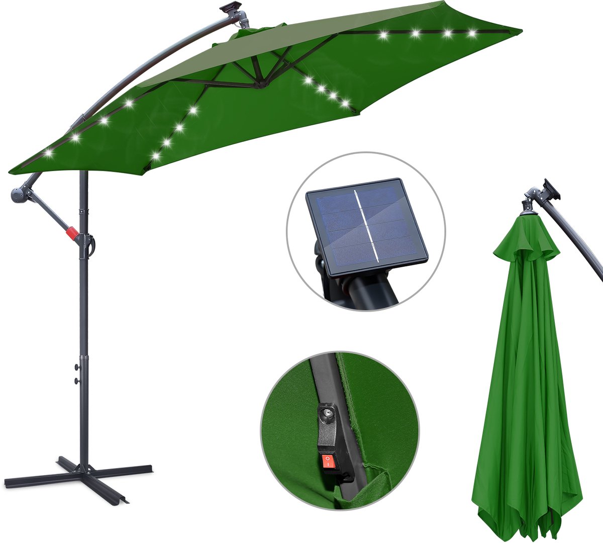 Parasol met Standaard 350 cm - Zonwering voor Balkons, Tuinen en Terrassen - Grote Zweefparasol met Zwengelsysteem - Stevig Frame - Met LED - Groen (9178524816191)